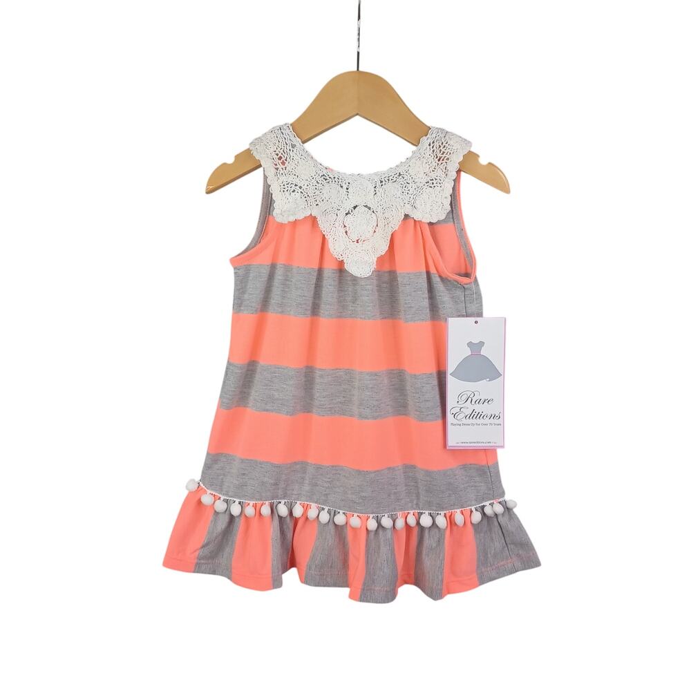Rare Editions Girls Babydoll Dress 2T Crochet Collar Pom Pom Coral Stripe NWT